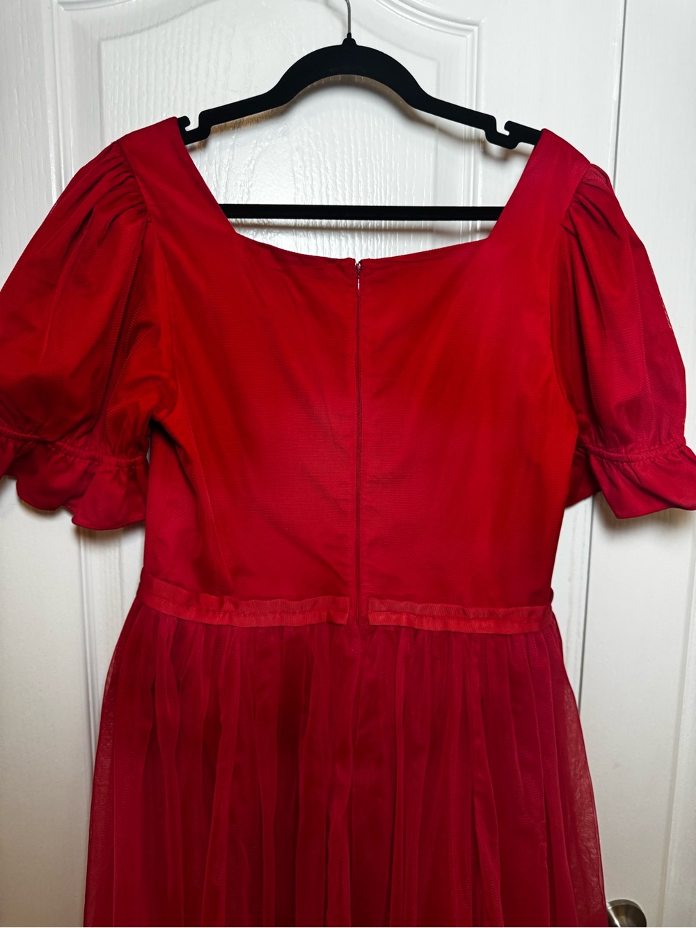 ‼️SALE Ivy City Co Red Ballerina Tulle Midi Dress Puff Sleeve  Neckline Formal - Picture 5 of 9